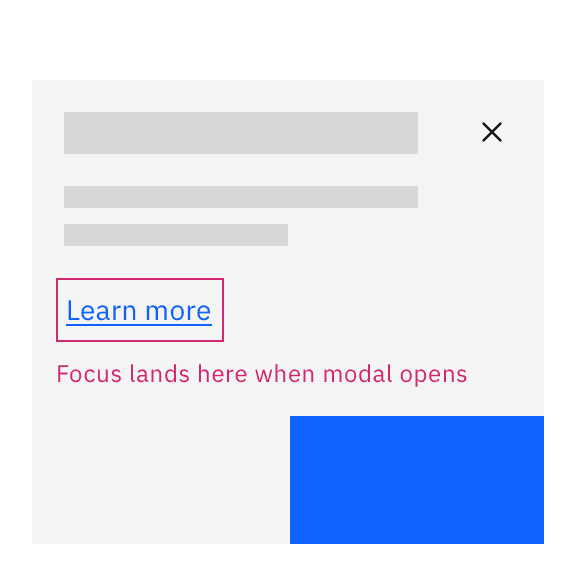 annotation on link says 'focus lands here when modal opens'